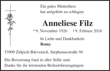 Anzeige von Anneliese Filz von  Blickpunkt Euskirchen 
