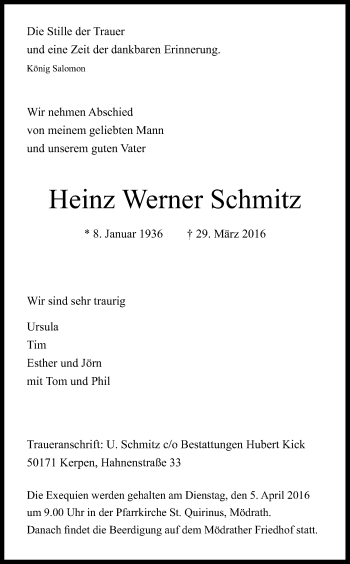Anzeige von Heinz Werner Schmitz von Kölner Stadt-Anzeiger / Kölnische Rundschau / Express