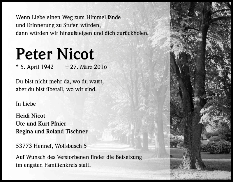  Traueranzeige für Peter Nicot vom 02.04.2016 aus Kölner Stadt-Anzeiger / Kölnische Rundschau / Express