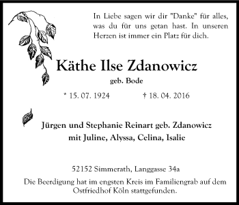Anzeige von Käthe Ilse Zdanowicz von Kölner Stadt-Anzeiger / Kölnische Rundschau / Express