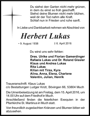 Anzeige von Herbert Lukas von Kölner Stadt-Anzeiger / Kölnische Rundschau / Express