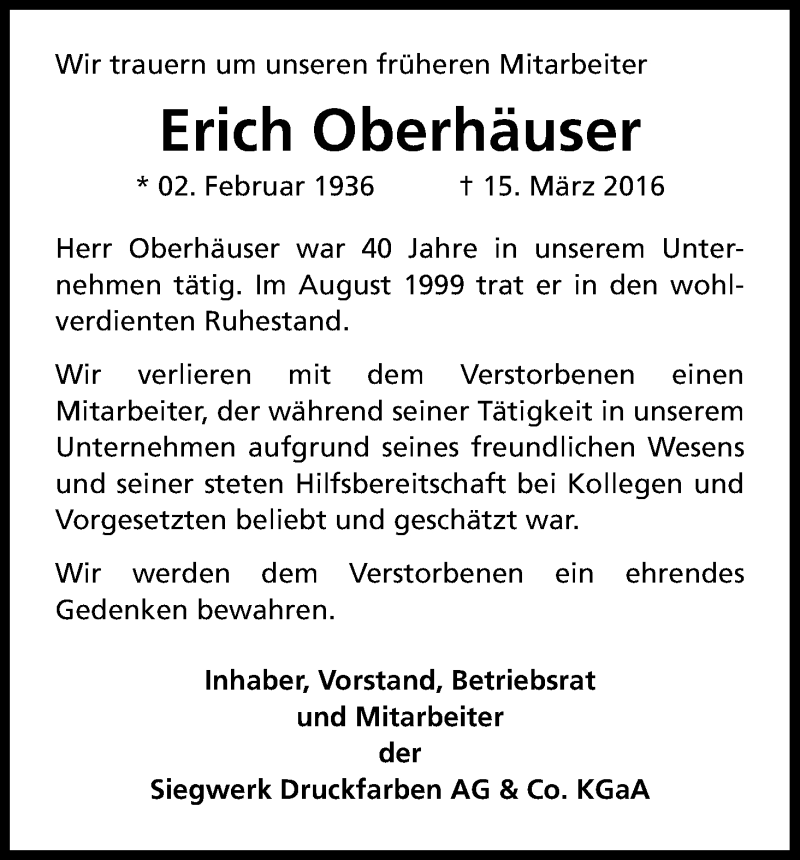 Traueranzeige für Erich Oberhäuser vom 02.04.2016 aus Kölner Stadt-Anzeiger / Kölnische Rundschau / Express