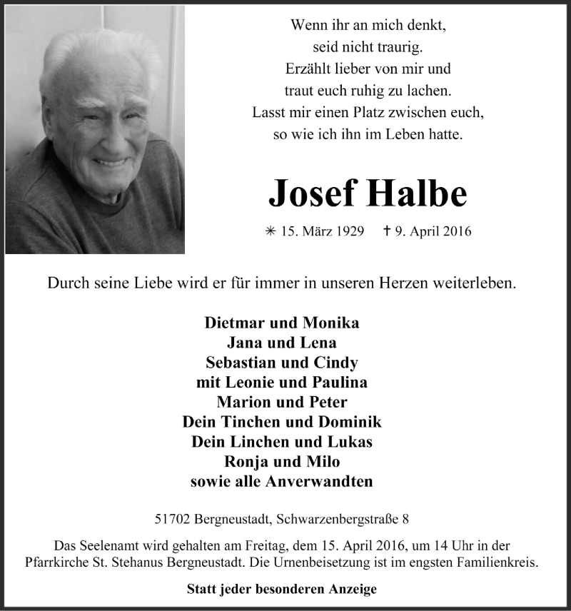  Traueranzeige für Josef Halbe vom 13.04.2016 aus  Anzeigen Echo 