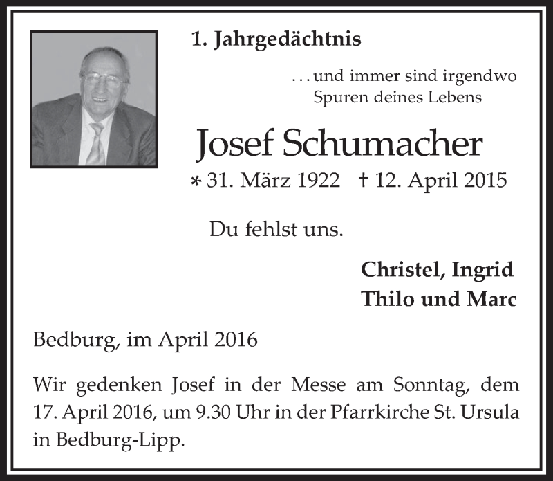  Traueranzeige für Josef Schumacher vom 13.04.2016 aus  Werbepost 