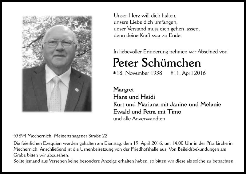  Traueranzeige für Peter Schümchen vom 16.04.2016 aus Kölner Stadt-Anzeiger / Kölnische Rundschau / Express