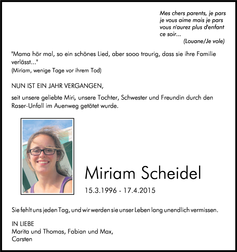  Traueranzeige für Miriam Scheidel vom 16.04.2016 aus Kölner Stadt-Anzeiger / Kölnische Rundschau / Express