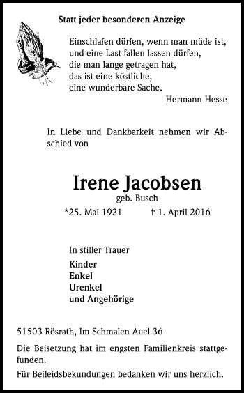 Anzeige von Irene Jacobsen von Kölner Stadt-Anzeiger / Kölnische Rundschau / Express