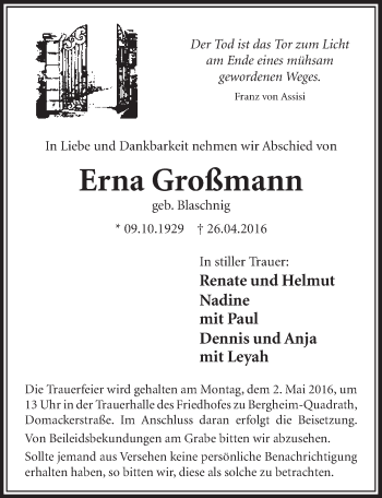 Anzeige von Erna Großmann von  Sonntags-Post 