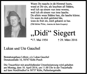 Anzeige von Didi Siegert von Kölner Stadt-Anzeiger / Kölnische Rundschau / Express