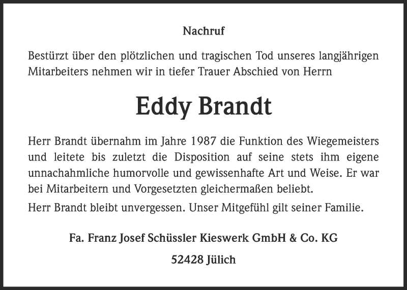  Traueranzeige für Eddy Brandt vom 23.04.2016 aus  Sonntags-Post 