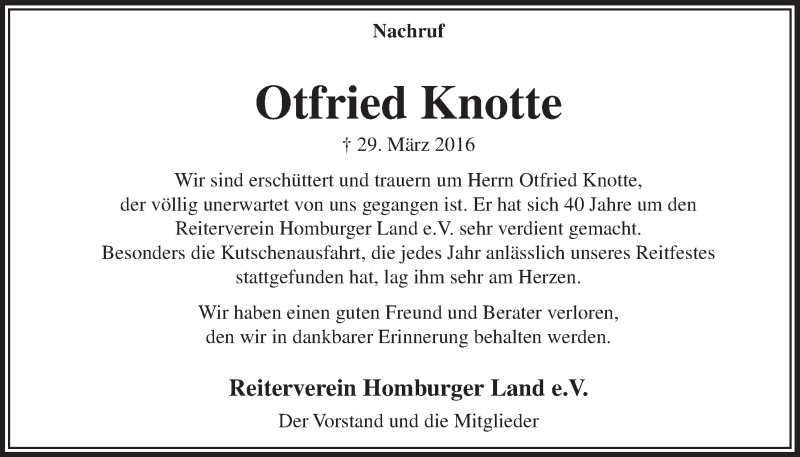  Traueranzeige für Otfried Knotte vom 13.04.2016 aus  Anzeigen Echo  Lokalanzeiger 