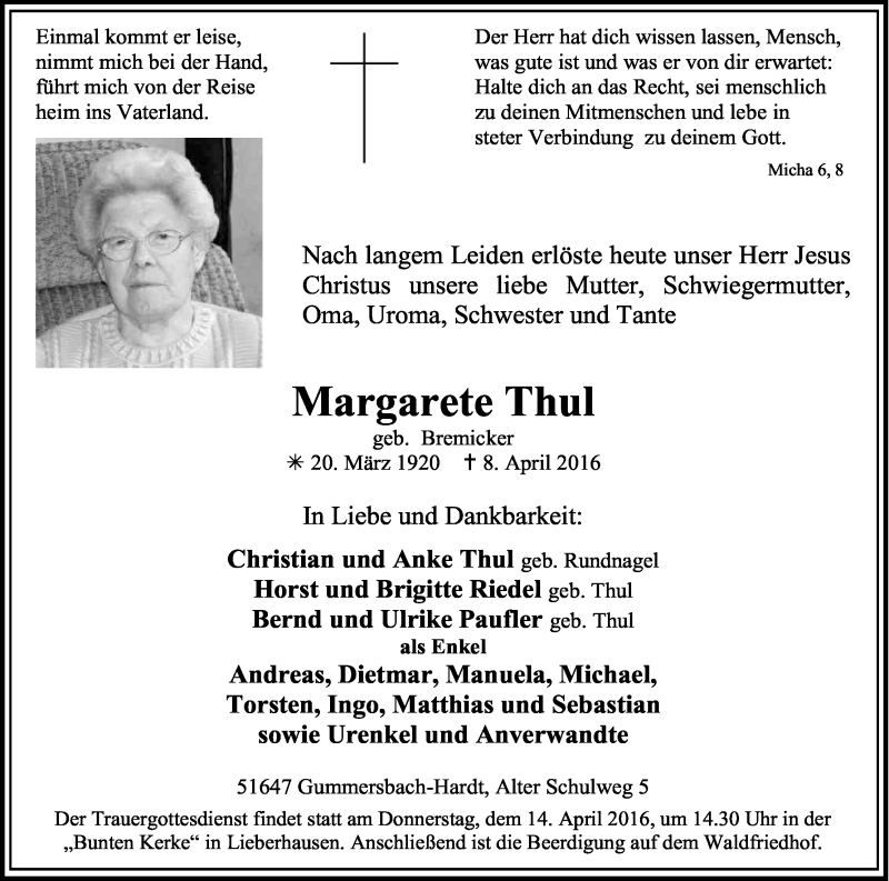  Traueranzeige für Margarete Thul vom 12.04.2016 aus Kölner Stadt-Anzeiger / Kölnische Rundschau / Express