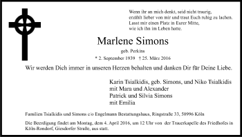 Anzeige von Marlene Simons von Kölner Stadt-Anzeiger / Kölnische Rundschau / Express
