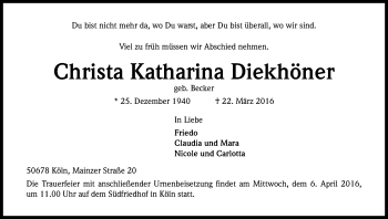 Anzeige von Christa Katharina Diekhöner von Kölner Stadt-Anzeiger / Kölnische Rundschau / Express