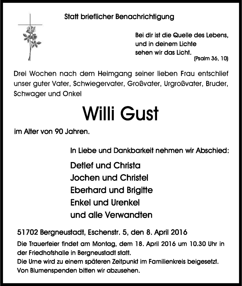  Traueranzeige für Willi Gust vom 15.04.2016 aus Kölner Stadt-Anzeiger / Kölnische Rundschau / Express