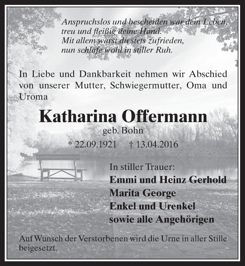  Traueranzeige für Katharina Offermann vom 20.04.2016 aus  Werbepost 