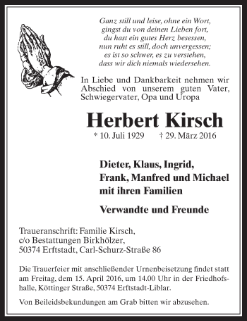 Anzeige von Herbert Kirsch von  Werbepost 