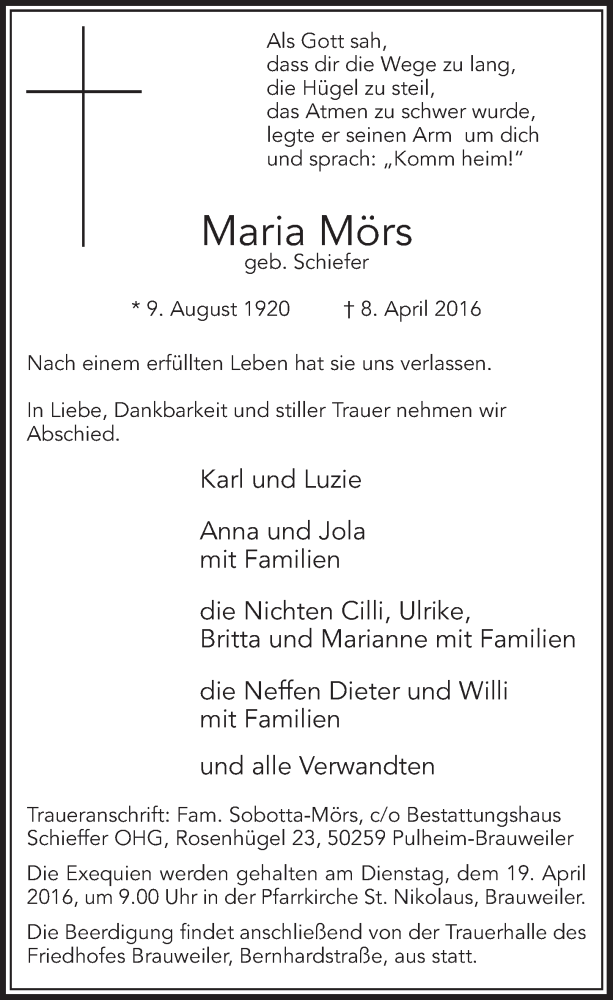  Traueranzeige für Maria Mörs vom 16.04.2016 aus  Sonntags-Post 