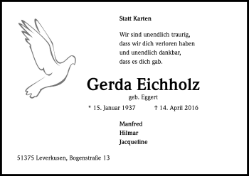 Anzeige von Gerda Eichholz von Kölner Stadt-Anzeiger / Kölnische Rundschau / Express