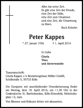 Anzeige von Peter Kappes von Kölner Stadt-Anzeiger / Kölnische Rundschau / Express