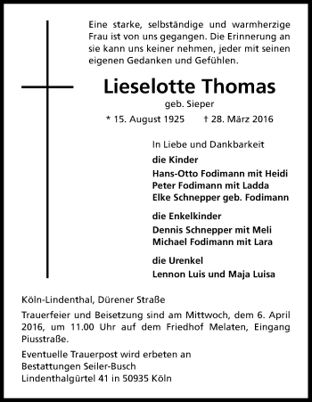 Anzeige von Lieselotte Thomas von Kölner Stadt-Anzeiger / Kölnische Rundschau / Express