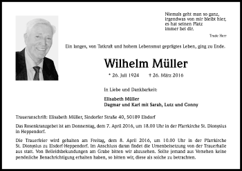 Anzeige von Wilhelm Müller von Kölner Stadt-Anzeiger / Kölnische Rundschau / Express