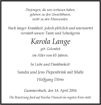 Anzeige von Karola Lange von  Anzeigen Echo 
