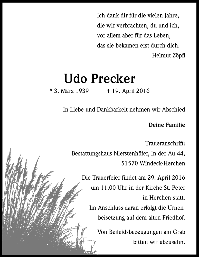  Traueranzeige für Udo Precker vom 26.04.2016 aus Kölner Stadt-Anzeiger / Kölnische Rundschau / Express