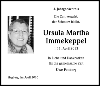 Anzeige von Ursula Martha Immekeppel von Kölner Stadt-Anzeiger / Kölnische Rundschau / Express
