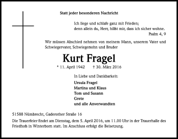Anzeige von Kurt Fragel von Kölner Stadt-Anzeiger / Kölnische Rundschau / Express