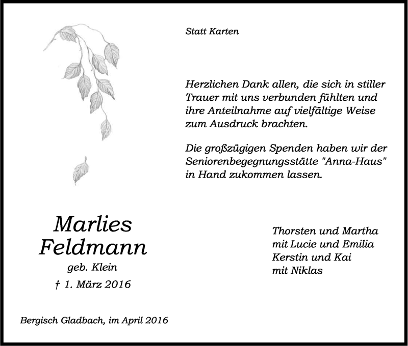  Traueranzeige für Marlies Feldmann vom 02.04.2016 aus Kölner Stadt-Anzeiger / Kölnische Rundschau / Express