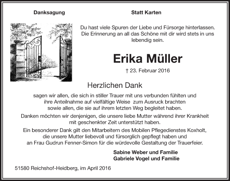  Traueranzeige für Erika Müller vom 20.04.2016 aus  Anzeigen Echo  Lokalanzeiger 