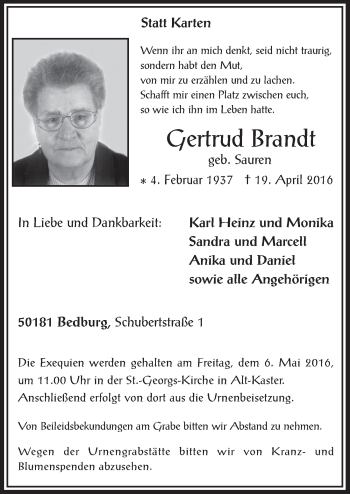 Anzeige von Gertrud Brandt von  Werbepost 