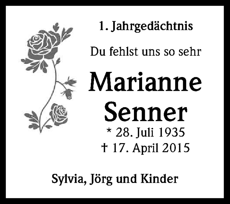  Traueranzeige für Marianne Senner vom 16.04.2016 aus Kölner Stadt-Anzeiger / Kölnische Rundschau / Express