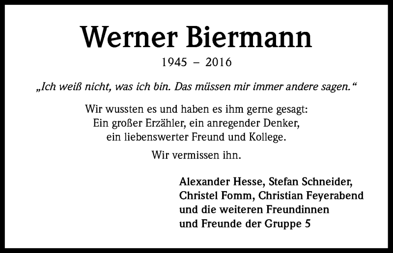  Traueranzeige für Werner Biermann vom 16.04.2016 aus Kölner Stadt-Anzeiger / Kölnische Rundschau / Express