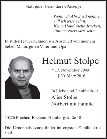 Anzeige von Helmut Stolpe von  Sonntags-Post 