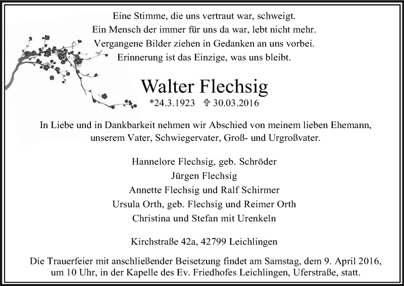  Traueranzeige für Walter Flechsig vom 06.04.2016 aus Kölner Stadt-Anzeiger / Kölnische Rundschau / Express