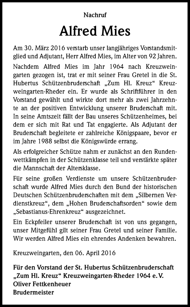  Traueranzeige für Alfred Mies vom 06.04.2016 aus Kölner Stadt-Anzeiger / Kölnische Rundschau / Express