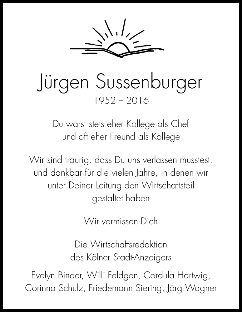  Traueranzeige für Jürgen Sussenburger vom 09.04.2016 aus Kölner Stadt-Anzeiger / Kölnische Rundschau / Express