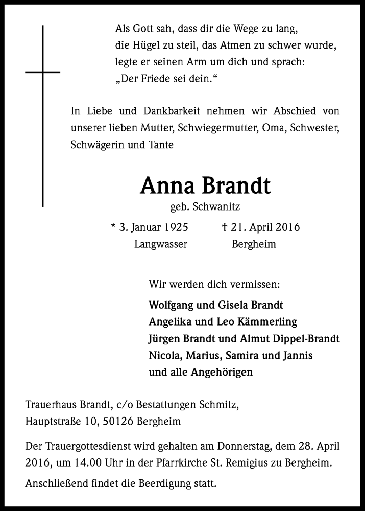  Traueranzeige für Anna Brandt vom 25.04.2016 aus Kölner Stadt-Anzeiger / Kölnische Rundschau / Express