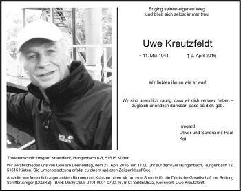 Anzeige von Uwe Kreutzfeldt von Kölner Stadt-Anzeiger / Kölnische Rundschau / Express