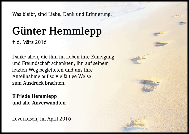  Traueranzeige für Günter Hemmlepp vom 09.04.2016 aus Kölner Stadt-Anzeiger / Kölnische Rundschau / Express