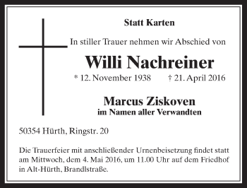Anzeige von Willi Nachreiner von  Wochenende 