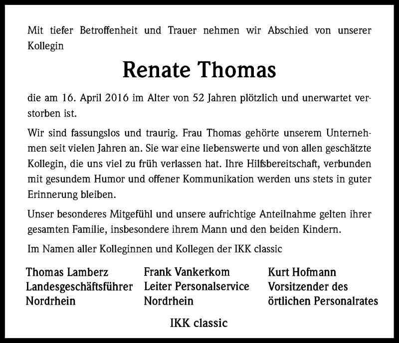  Traueranzeige für Renate Thomas vom 26.04.2016 aus Kölner Stadt-Anzeiger / Kölnische Rundschau / Express