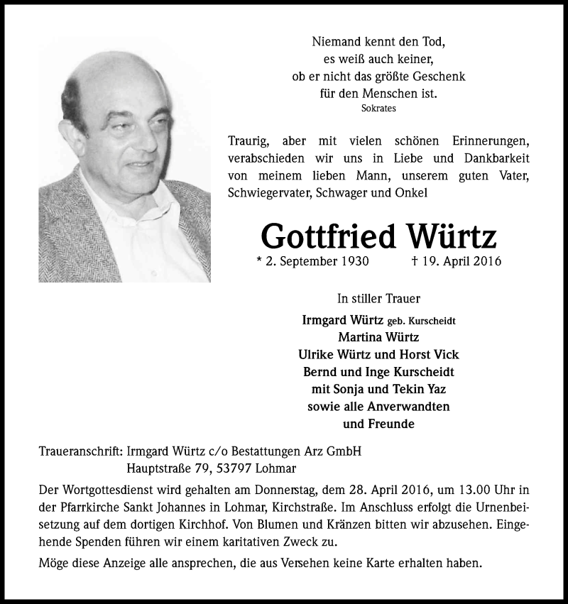  Traueranzeige für Gottfried Würtz vom 23.04.2016 aus Kölner Stadt-Anzeiger / Kölnische Rundschau / Express