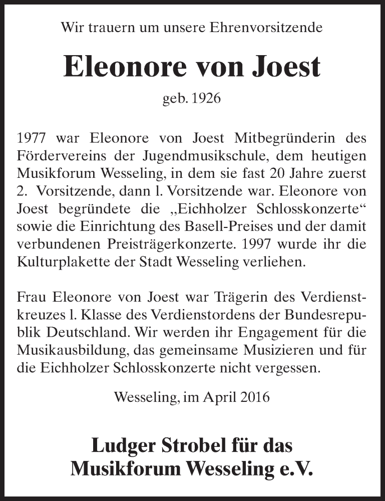  Traueranzeige für Eleonore von Joest vom 27.04.2016 aus  Schlossbote/Werbekurier 