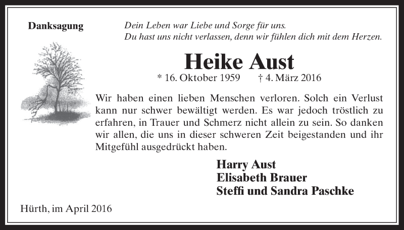  Traueranzeige für Heike Aust vom 06.04.2016 aus  Wochenende 