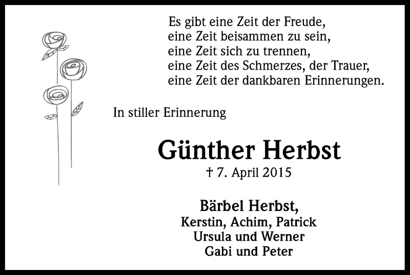  Traueranzeige für Günther Herbst vom 23.04.2016 aus Kölner Stadt-Anzeiger / Kölnische Rundschau / Express
