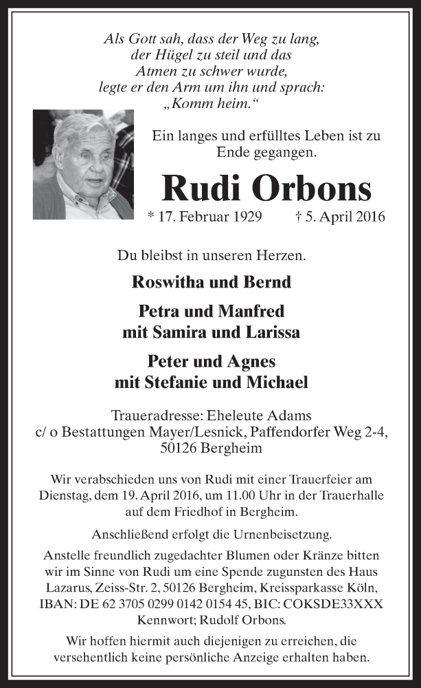  Traueranzeige für Rudi Orbons vom 13.04.2016 aus  Werbepost 