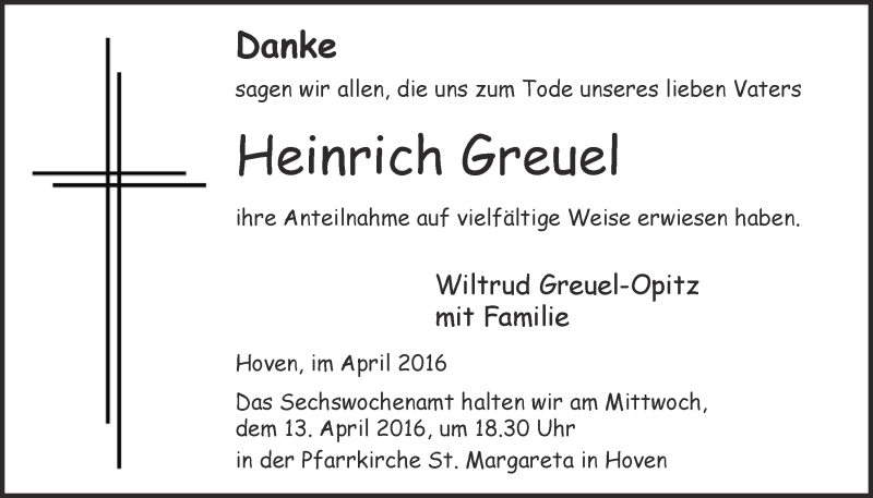  Traueranzeige für Heinrich Greuel vom 09.04.2016 aus  Blickpunkt Euskirchen 